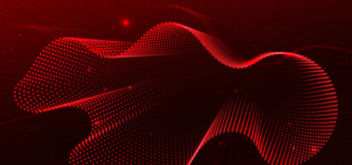 Abstract technology background featuring flowing red digital particle waves and glowing dot grid forming dynamic data motion.