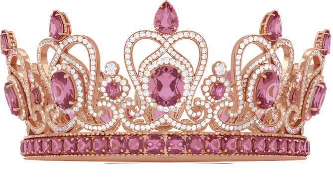 Luxury pink gemstone crown tiara with diamonds ornate royal jewelry illustration elegant princess accessory isolated design for wedding beauty pageant fashion concept