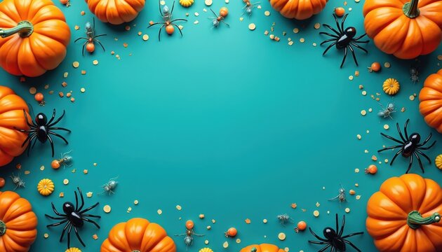 Orange pumpkins and black spiders form Halloween frame on teal background. Small ants and yellow confetti add festive detail. Empty space for text or design elements. Spooky autumn holiday decoration.