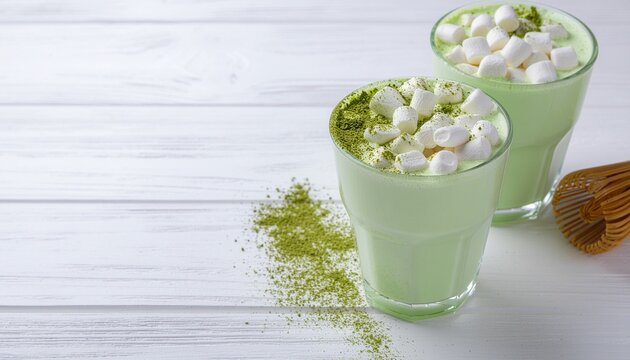 Two glasses of creamy green matcha latte topped with white marshmallows on a white wooden table with spilled matcha powder and a whisk.