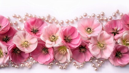 Pink Eustoma Flowers And Pearls Border Isolated On White Background