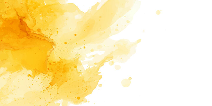 A vibrant orange juice and yellow paint splash creates a watercolor grunge texture with ink drips and golden autumn patterns on a vintage paper backdrop illustration