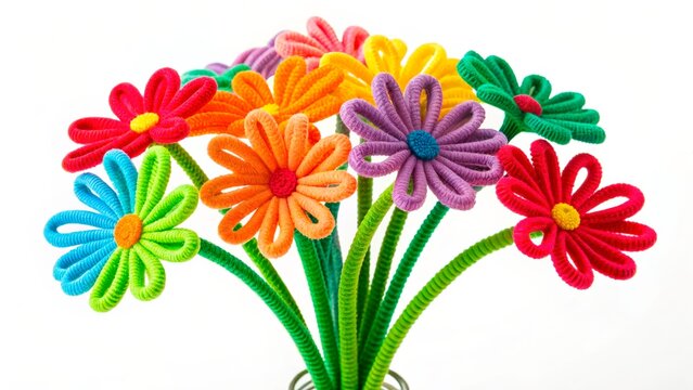 Colorful flowers made from pipe cleaners arranged in a clear vase on a white background