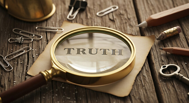 Antique vintage brass magnifying glass lying on a weathered rustic wooden surface, magnifying and focusing on the printed word TRUTH, symbolizing the philosophical search for honest reality.