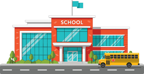 Modern school building exterior with yellow school bus parked outside, educational institution campus scene with trees, road, glass windows, and contemporary archit © MstKhadija