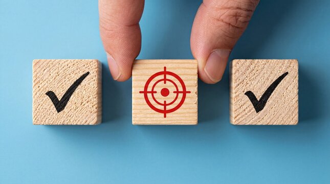 Hand choosing a wooden block with a target symbol between two check marks.