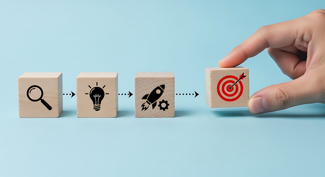 Business growth strategy visualized with icons on wooden blocks representing research, idea, launch, and target achievement