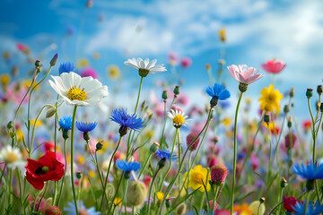 Fototapeta premium Vibrant field of blooming daisies, cornflowers, and wild poppies in springtime