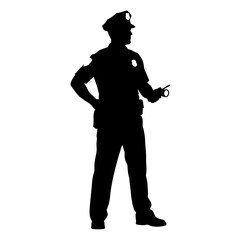 Confident police officer standing with hand on hip and handcuffs