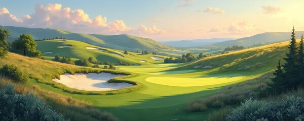 Fototapeta premium Rolling green hills form a golf course with sand traps and manicured grass. Sunlight illuminates the landscape with long shadows, evoking peace and natural beauty.