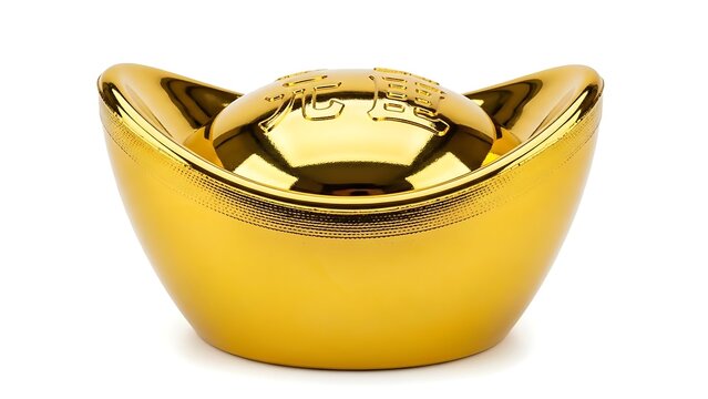Shiny gold Chinese sycee ingot on a white background, a traditional symbol of wealth and prosperity.