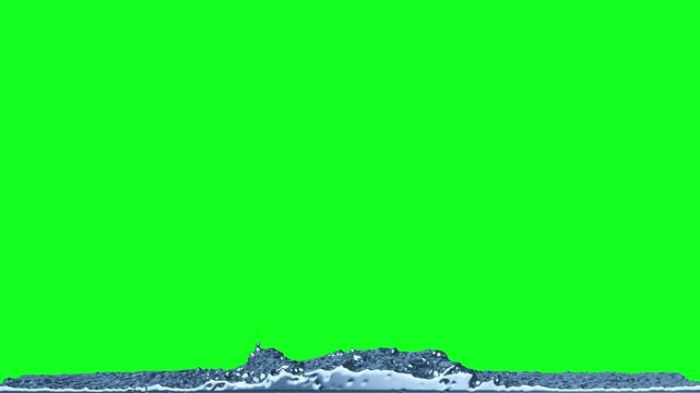 Water droplet falls and splashes on surface, creating ripples and waves, captured in three sequential frames against a bright green background