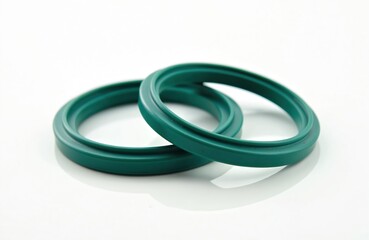 Fototapeta premium Two green hydraulic seals rest on a clean white surface. These rubber rings prevent fluid leakage in machinery. Useful for mechanical engineering, industry, and repair.