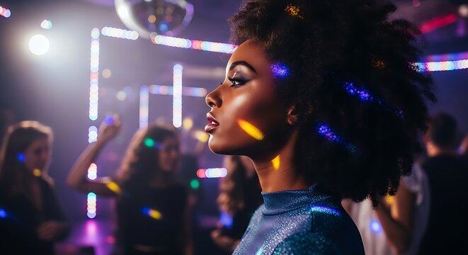 Young woman dancing at nightclub party.