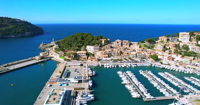 Mallorca Spain aerial footage Soller port marina panorama nice weather