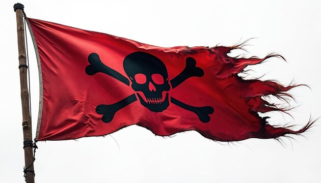 Tattered red pirate flag with skull and crossbones flutters on wooden pole. Symbol of danger, adventure, and lawlessness on sea. Threatening sign against sky.