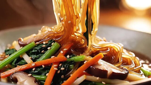 4K slow-motion japchae glass noodles twirled with vegetables and sesame seeds, warm overhead glow, rising steam, amber strands and vibrant greens in cinematic kitchen realism