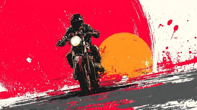 Aggressive motorcycle rider leans into a sharp turn against a dramatic red.