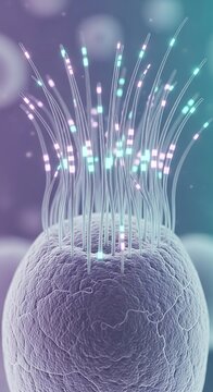 Microscopic view of a single cell with cilia or flagella, illuminated by vibrant glowing particles, representing biological research and cellular activity in a scientific context