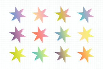 Obraz premium パステルカラーのグラデーションがかかった多角形の星型アイコンセット、グリッド背景に並ぶモダンなベクターイラスト、装飾用グラフィックパーツとドロップシャドウの背景素材