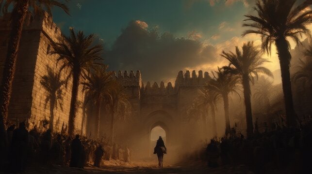 Palm Sunday, the triumphal entry of Jesus into Jerusalem silhouette. 