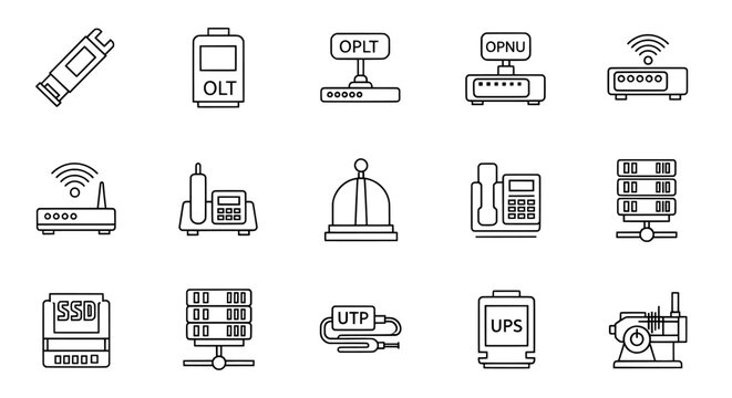 Network technology icon set with router server ssd and hardware
