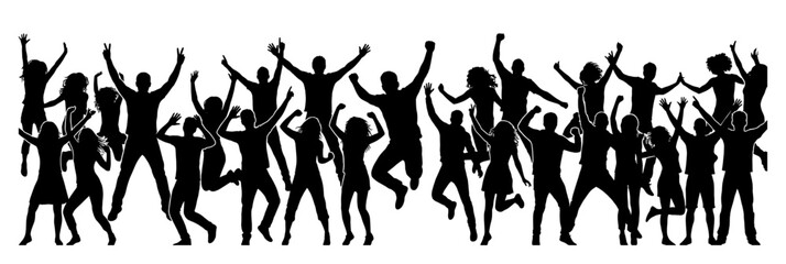 Jumping and cheering crowd silhouette with happy people