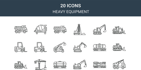 Heavy Equipment Line Icons Set Including Excavator Bulldozer Crane Dump Truck and Construction Machinery Vector Collection © MDShakhawat