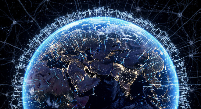 Digital planet earth globe with glowing blue connectivity network rings and data lines, global communication infrastructure and international internet technology world map illustration background deco