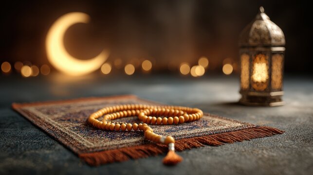 Spiritual Ramadan Scene with Golden Crescent Moon, Illuminated Arabic Lantern and Tasbeeh Beads on Prayer Mat Photo.