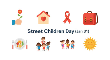 Fototapeta premium Graphic marking Street Children Day Jan 31 with icons representing care and education