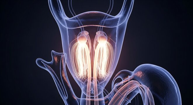 Detailed 3D rendering of the human larynx and vocal cords illuminated from within against a dark background