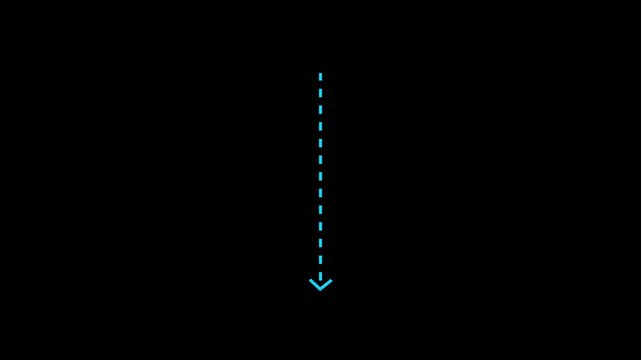Down arrow direction icon. Cyan dashed down arrow on black background. Minimal direction indicator concept animation. Dot arrows icon sign animated with alpha channel.