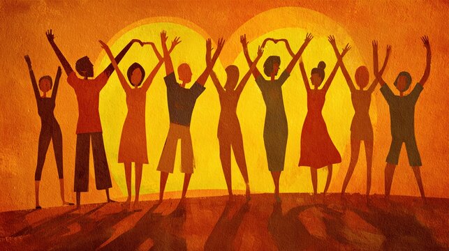 People silhouettes forming a heart from abstract shapes, emotional unity concept, copy space