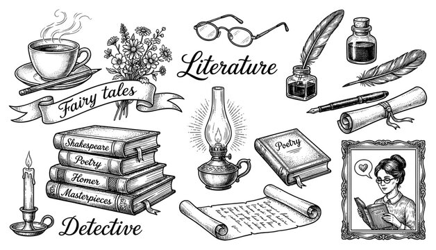 Literature and writing equipment set in vintage engraving style