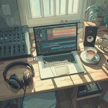 Home music studio setup with laptop headphones and mixer. Desk with laptop showing DAW software, headphones, coffee, and audio equipment by a window
