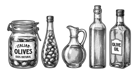 Italian olive oil and jar of olives in vintage engraving style
