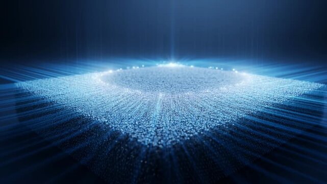 A mysterious, glowing blue cube floating in a dark, abstract space.