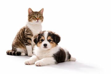 Fototapeta premium High end studio photo alert cat sitting with relaxed puppy foreground low angle rim light isolated on white with long shadow