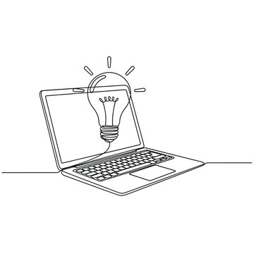 Continuous line drawing of a laptop with a lightbulb emerging, representing digital ideas