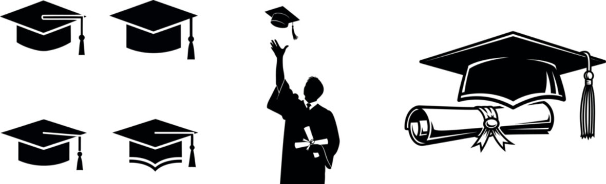 Graduation icons and silhouette celebrating academic achievement and commencement