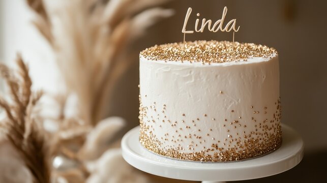 National Linda Day Elegant white celebration cake with gold beads and custom name topper