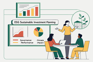 Naklejka premium ESG Sustainable Investment Planning Meeting With Charts.