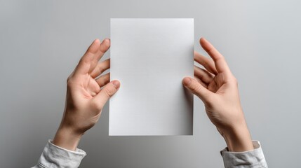 Obraz premium Hands holding a blank white paper sheet for message.