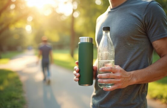 Man holds reusable thermos and empty plastic bottle. He walks in park. Represents choice between waste reduction and sustainable hydration options.