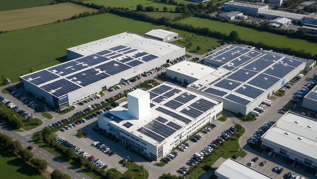 Aerial view of modern industrial complex with solar panels on rooftops