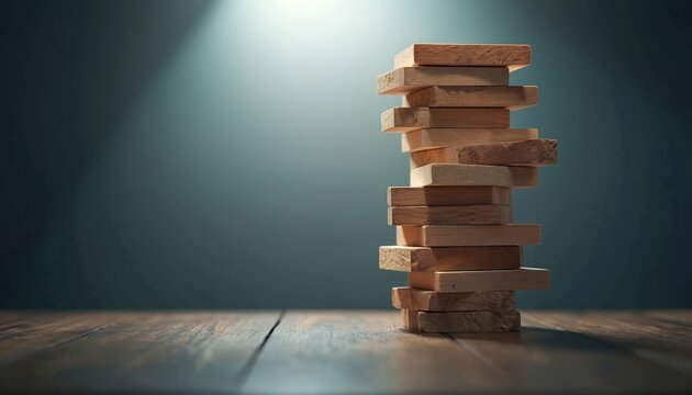 Wooden blocks precariously stacked, creating a tall tower. The structure looks unstable, suggesting a risk of falling. This visual represents concepts like business strategy, planning, and balance.