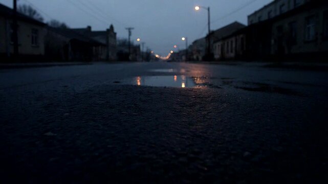 Wet deserted street at night with puddles reflecting street lights in a quiet urban neighborhood.