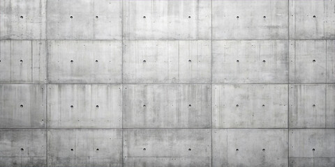 Obraz premium A large concrete wall shows a pattern of panels with evenly spaced holes. The surface is rough and gray, providing a simple backdrop. The scene captures the design and texture of the wall