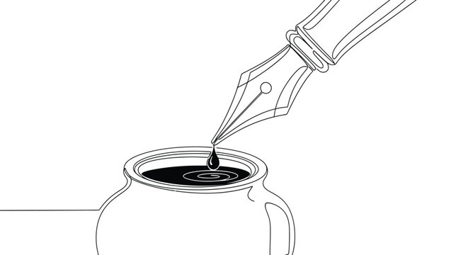 Fountain Pen Nib Dipping into Inkpot with Droplet in Continuous Line Art